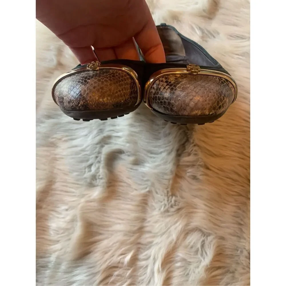 Tory Burch Pacey Driver Green Suede Snakeskin Cap Toe Ballet Flats Size 6.5 M
